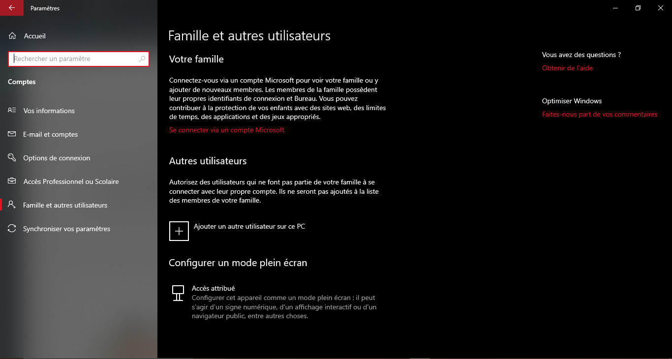 utilisateur windows et famille
