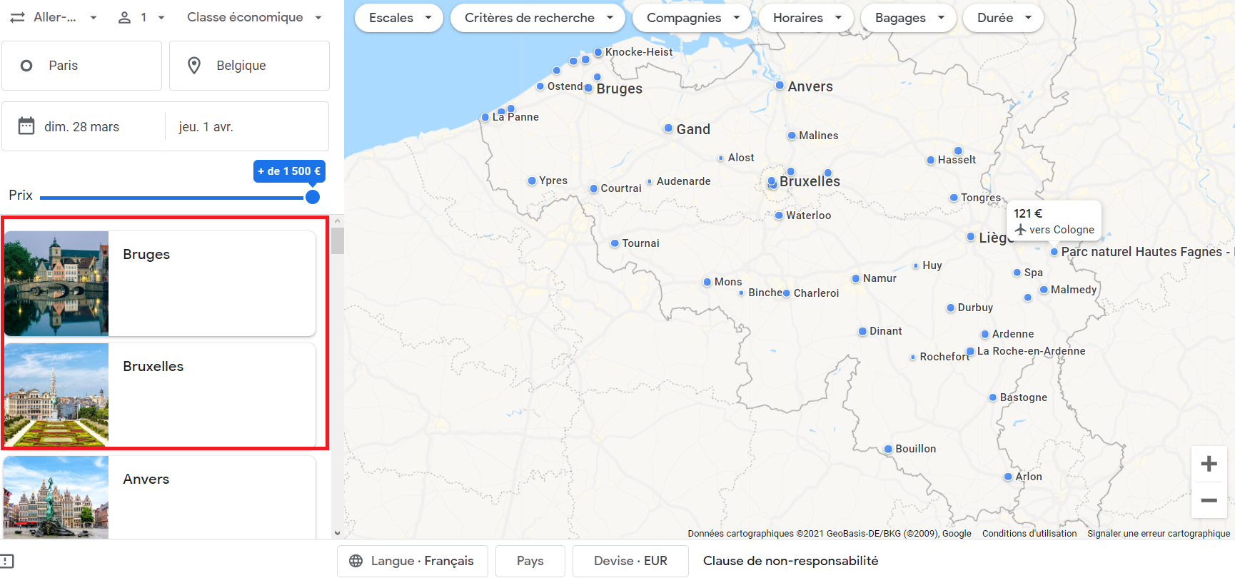 billets d'avion sur les options de vols google
