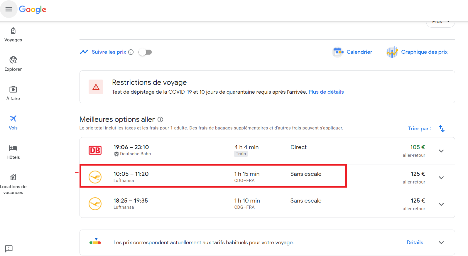 choisir des vols sur google