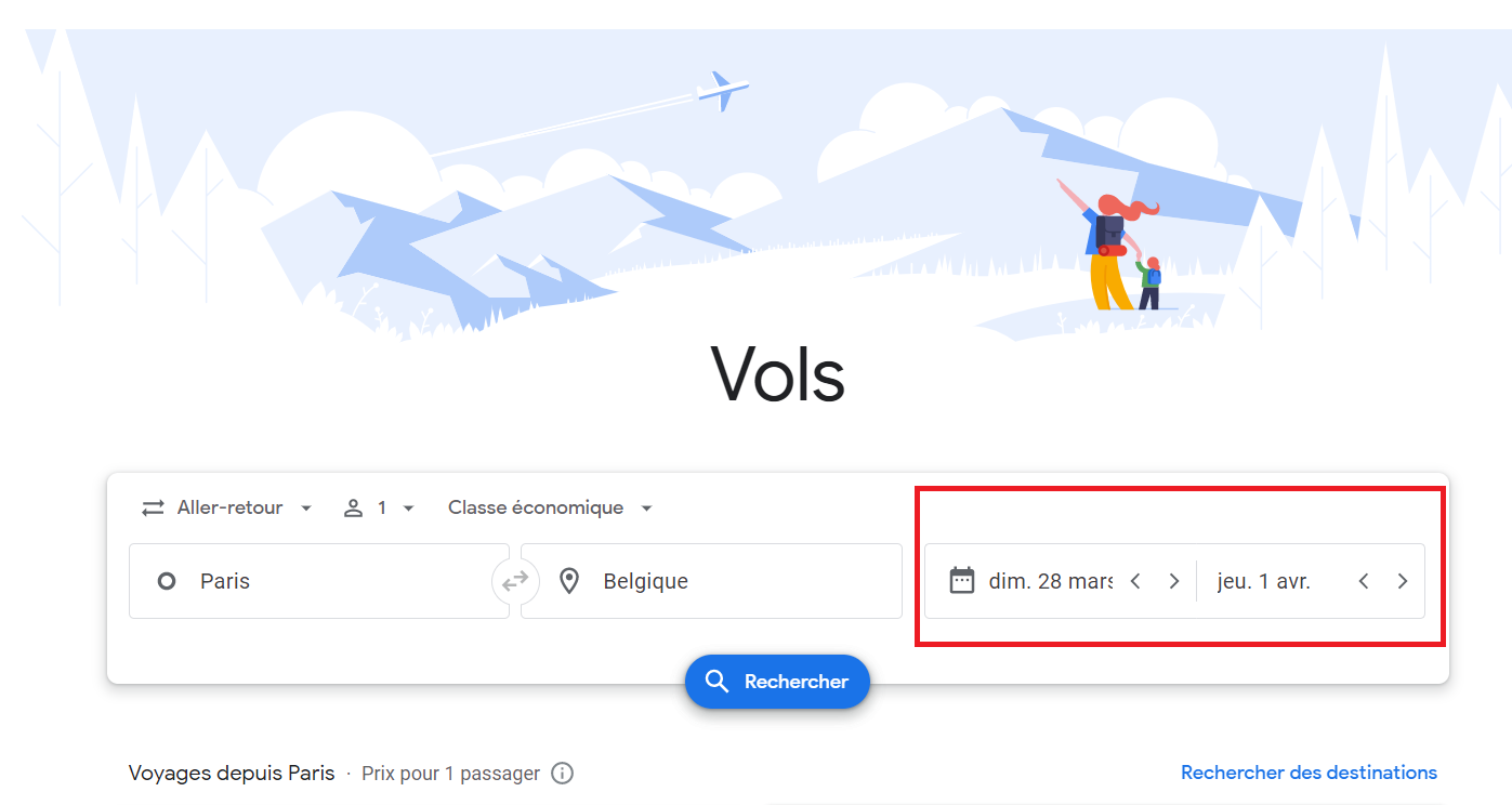 jours de voyage pour les billets d'avion sur les vols google